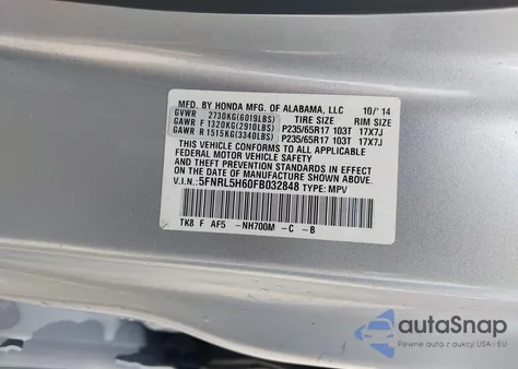 2015 Honda Odyssey Ex-L z USA, uszkodzony, nr VIN 5FNRL5H60FB032848